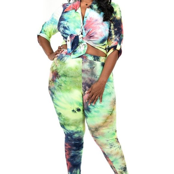 Women's Lemon & Lime Tie Dye Print Button Down Shirt & Skinny Leggings Set - Picture 2 of 8